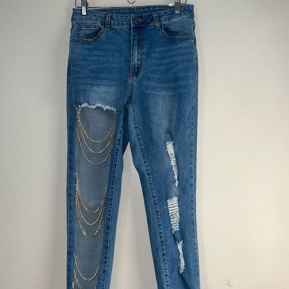 Jeans Women's Size 31 x 32 Blue Skinny Slim Fit High-rise Ripped - Picture 1 of 6